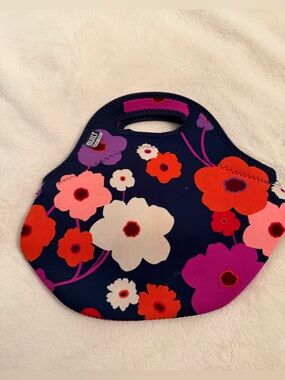 BUILT Floral Neoprene Lunch Bag - Navy with Pink & Red Flowers